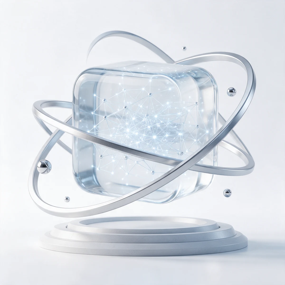Núcleo de inteligencia artificial de cristal, con conexiones luminosas y órbitas metálicas.